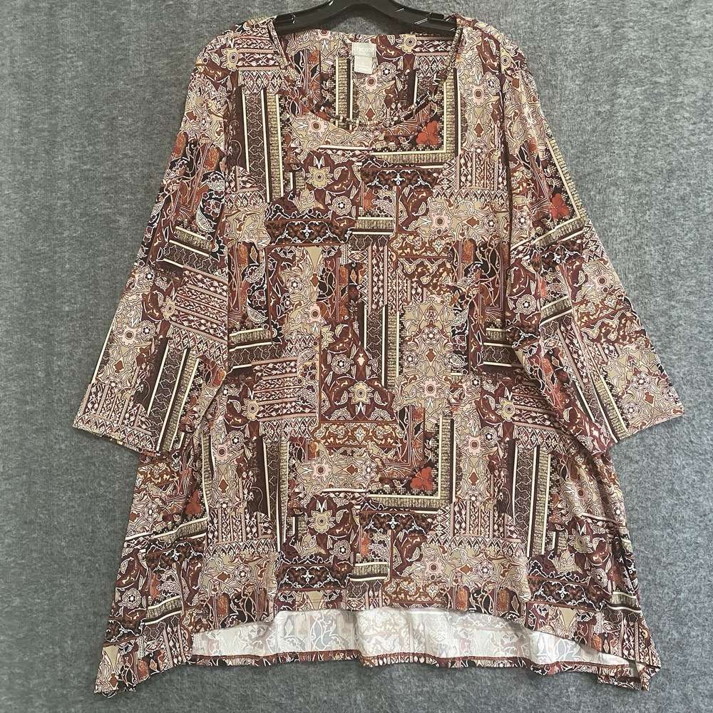 Chicos Top Womens 4 XXL Red Floral‎ Sequin Boho Stretchy Tunic Casual Lagenlook